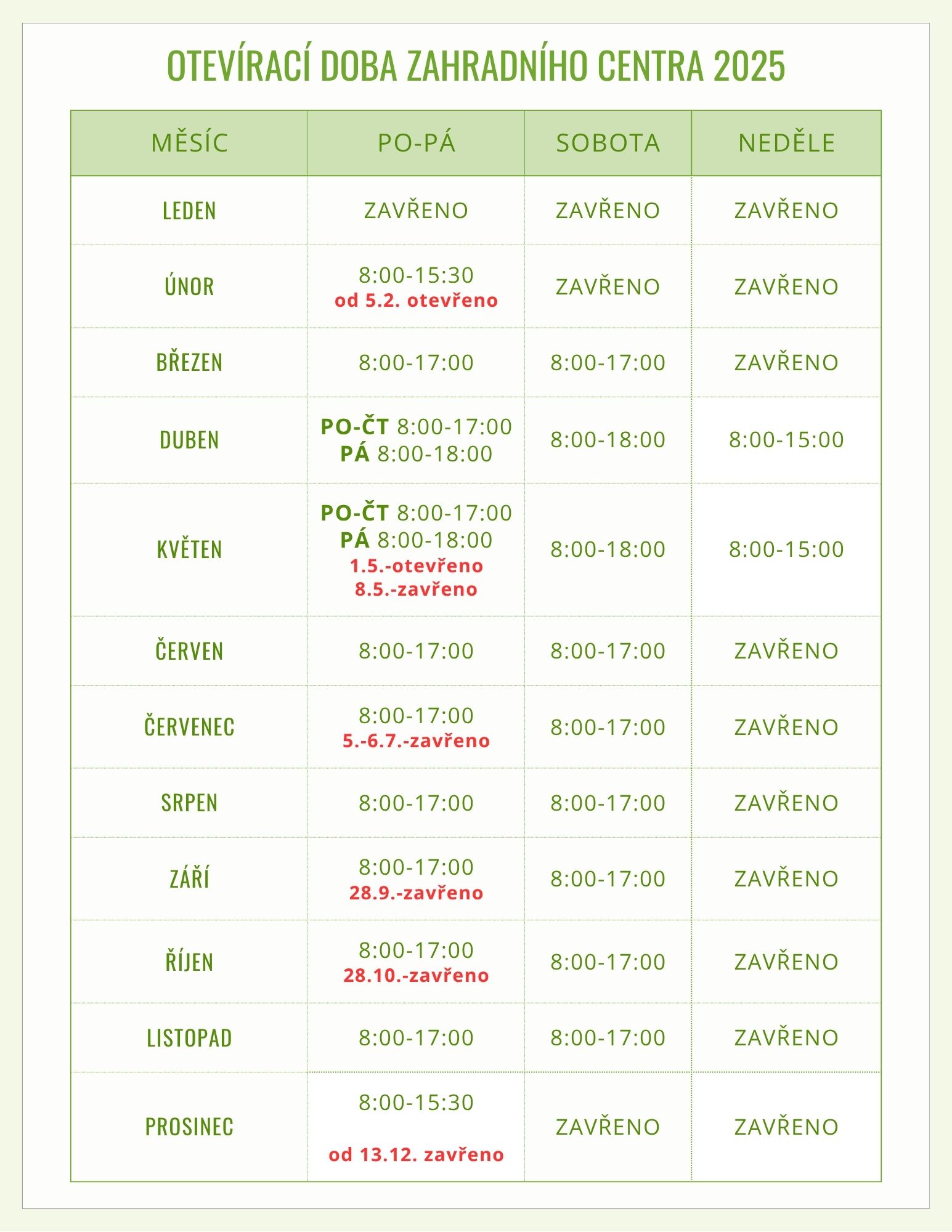 otevírací doba 2025 Otevírací doba zahradního centra